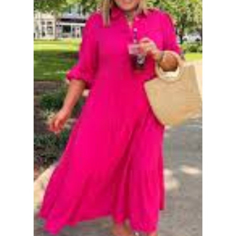 Mainstrip Hot Pink Swiss Dot Tiered Button Down Maxi Dress Large CD61618